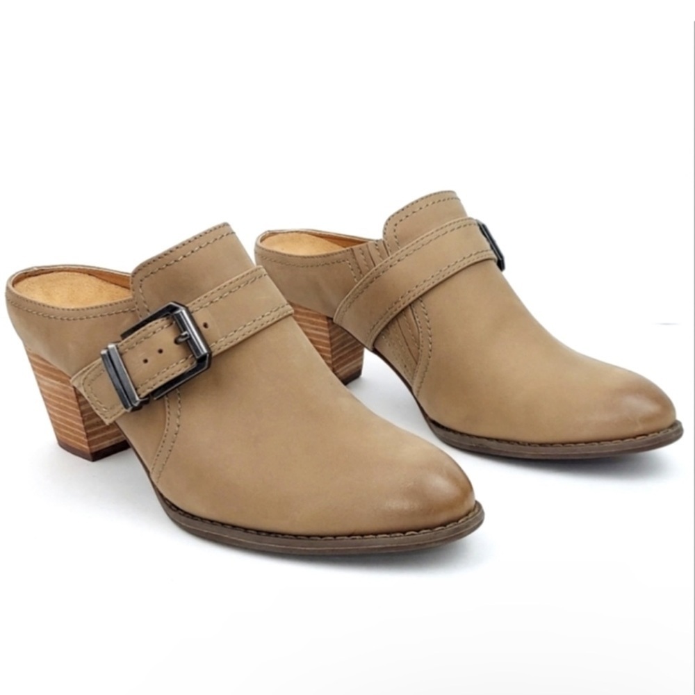 Vionic Cheyenne Heeled Mules Side Buckle Taupe Brown Leather Size 7 Women’s